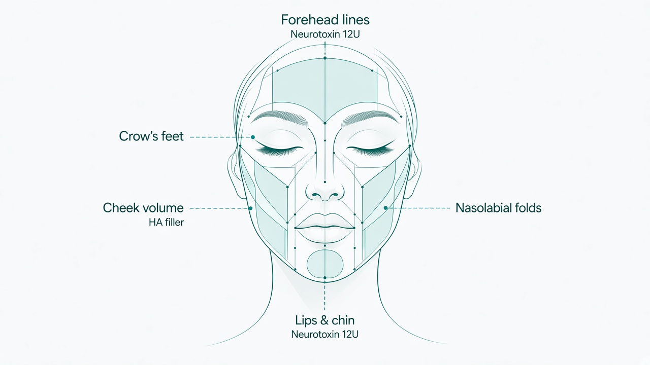 Full-face treatment mapping with labeled zones, injection points, and dosage notes